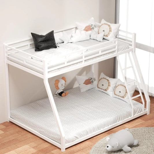 Litera doble sobre cama matrimonial con estructura de metal, diseño que ahorra espacio, cama de metal para niños y adolescentes, fácil montaje, color blanco