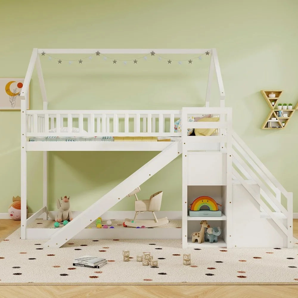 Litera de madera con dos camas individuales, tobogán y escaleras, con estantes de almacenamiento, no necesita somier, litera de dos camas individuales para niños, color blanco