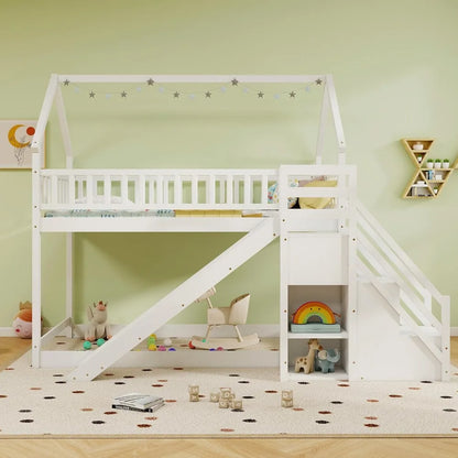 Lit superposé en bois avec toboggan et escalier, avec étagères de rangement, pas besoin de sommier, lit superposé simple pour enfants, blanc