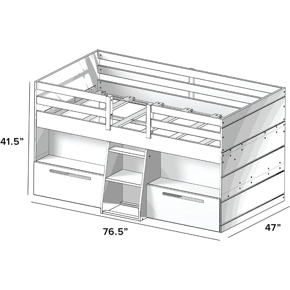 Loft Bed Twin Size, Solid Wood Low Loft Bed with Storage Drawer and Ladder, Modern Farmhouse Loft Bed for Kids, Barnwood Brown