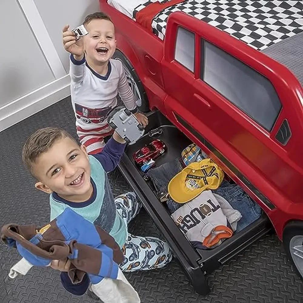 Cama para automóvil tamaño doble para niños y niñas con faros delanteros que funcionan, almacenamiento incorporado, área de juego de simulación, cama de plástico duradera