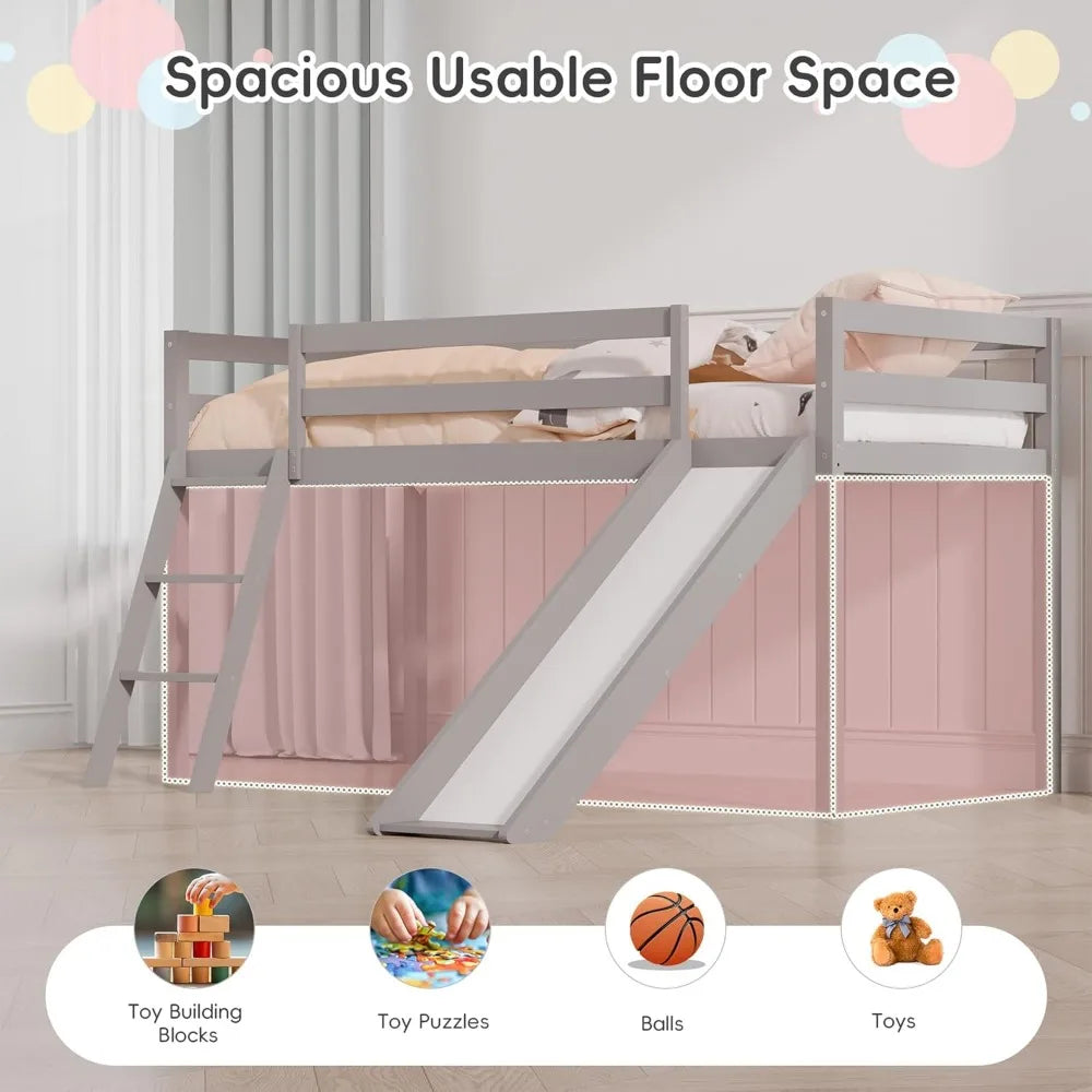 Cama alta doble, cama alta para niños pequeños con tobogán, escalera para trepar y barandilla de seguridad, espacio de almacenamiento inferior para niños pequeños