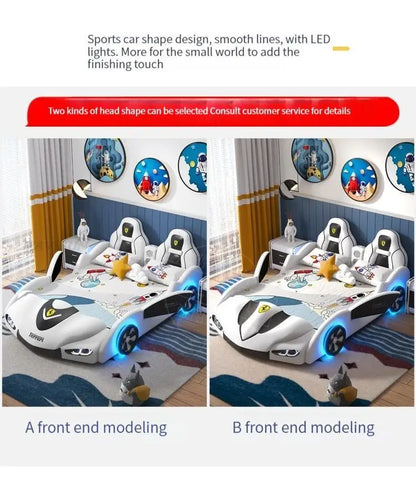 Multifunctional Car-Shaped Children's Bed For Boy Kids Wood Frame Bedroom Versatile Cartoon Stylish Bed With 2 Bedside Tables