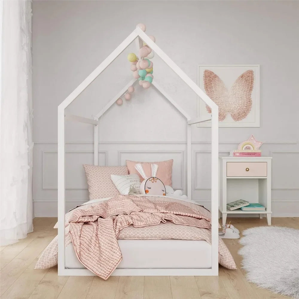 Cama infantil con dosel de metal, estructura de cama para niños y bebés, color blanco roto