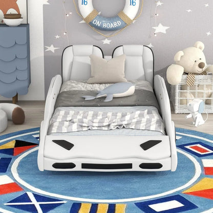 Cama de coche de tamaño doble, plataforma con forma de coche de carreras, estructura de madera con ruedas y soporte de listones en ambos lados, muebles de cama para niños