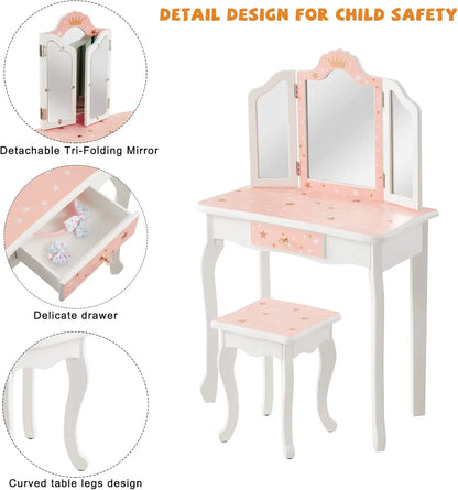 Kids Vanity Table and Chair Set, Girls Vanity Set with Stool, Tri-Folding Mirror, Makeup Dressing Princess Table with Drawer for