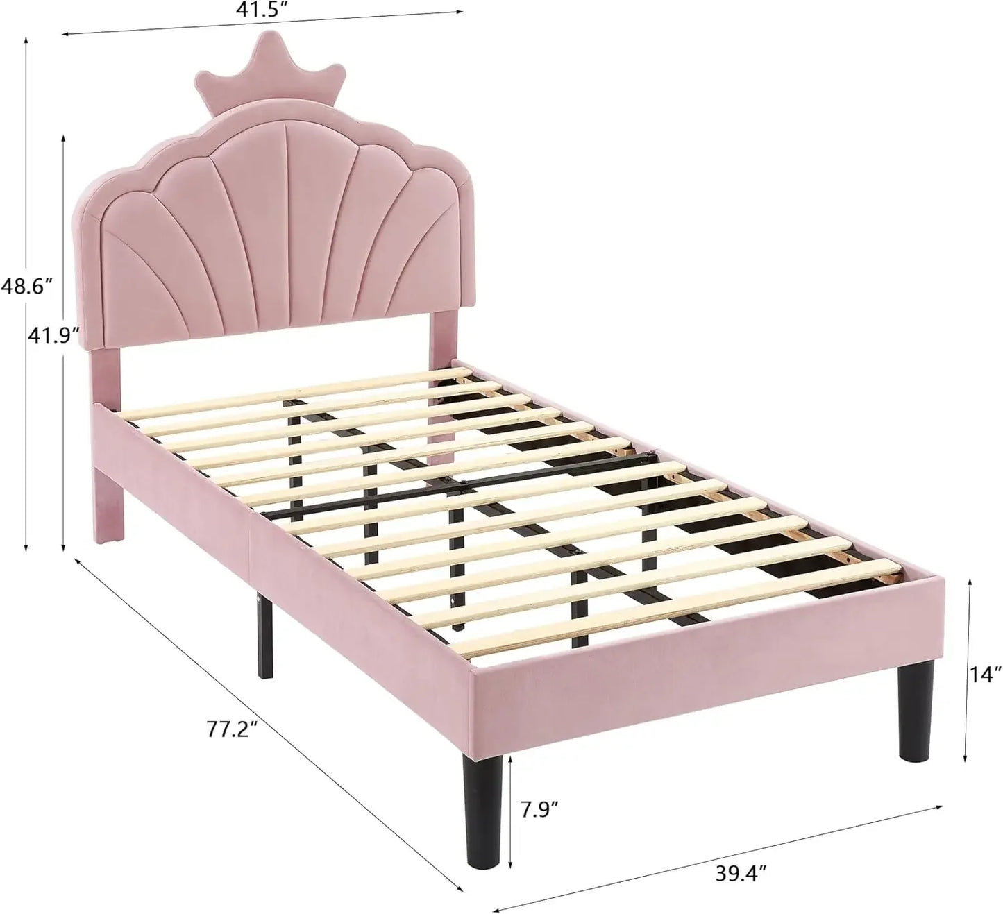 Twin Size Bed Frame Upholstered with Headboard, Strong Platform with Crown for Kids Girls, Wooden Slats Support, No Box Spring N