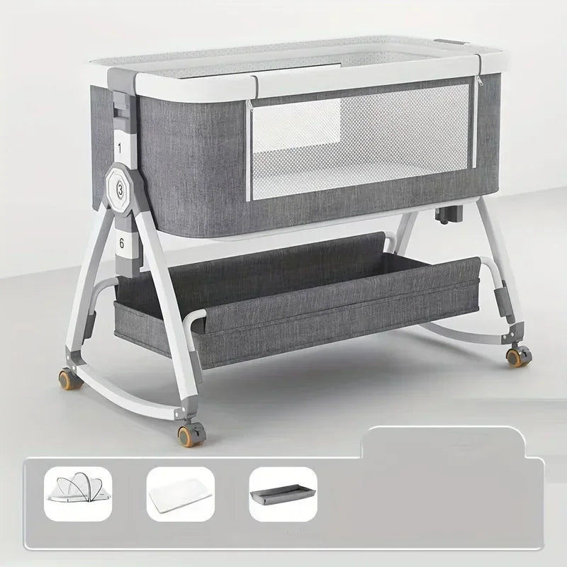 Berceau multifonctionnel pour bébé avec épissage pliable et réglable en hauteur, balançoire de chevet portable et mobile, berceau, lit de couchage