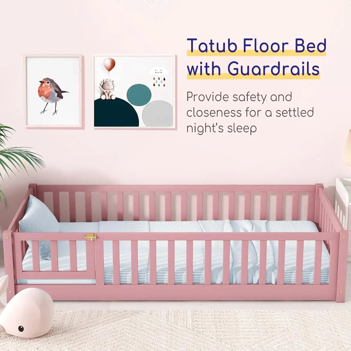 Twin Pink Montessori Bed with Safety Guardrails, Door, and Slats, Montessori Floor Bed for Kids, Wood Montessori Bed Frame