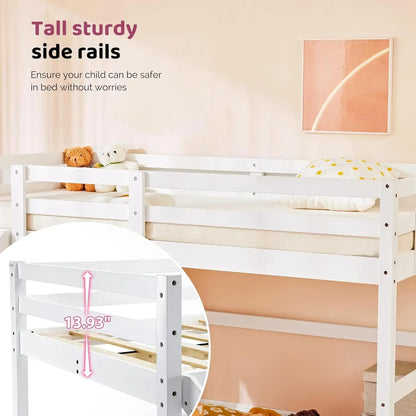 Loft Bed with Slide, Twin, Space Saving Kids Low Loft Bed with Guardrail and Ladder, Pine Wood and Sturdy Bed Frame for Boys and