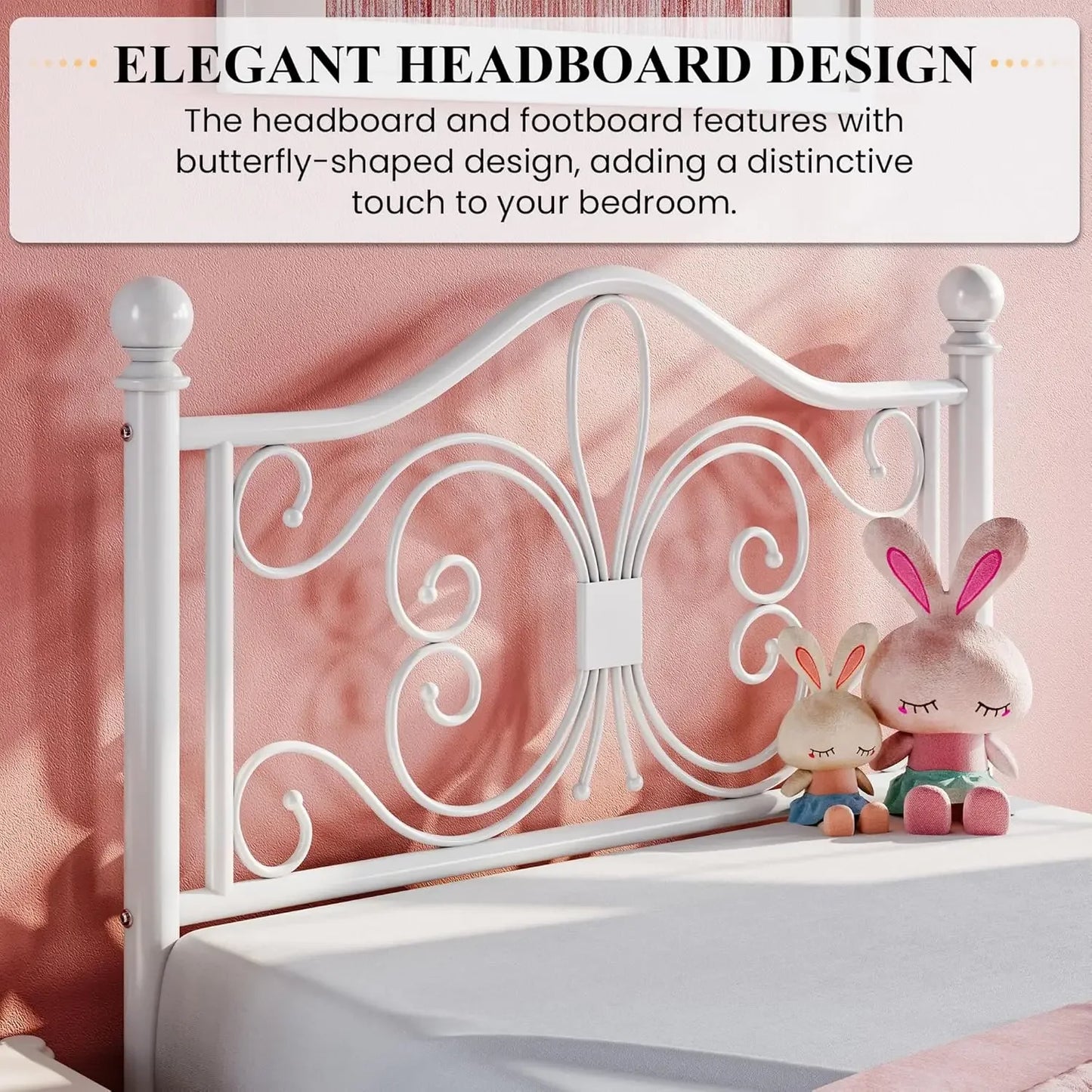 Twin Size Bed Frame for Kids,Metal Bed Frame with Butterfly Pattern Design Headboard &,No Box Spring Needed