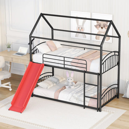 Litera de metal para dos personas con tobogán, cama tipo casa para niños, color negro y rojo