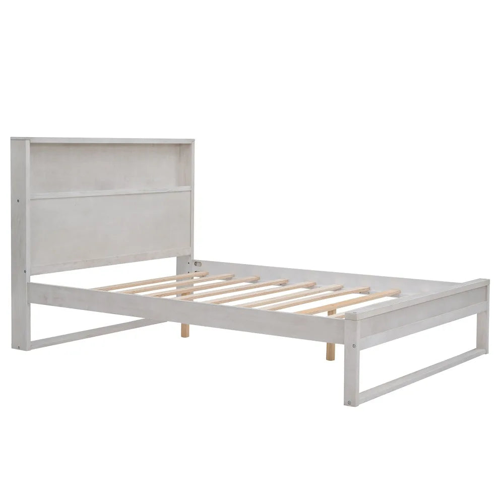 Cama de plataforma con cabecero con espacio de almacenamiento, enchufes y puertos USB, cama de plataforma de tamaño completo, cama para niños en color blanco antiguo