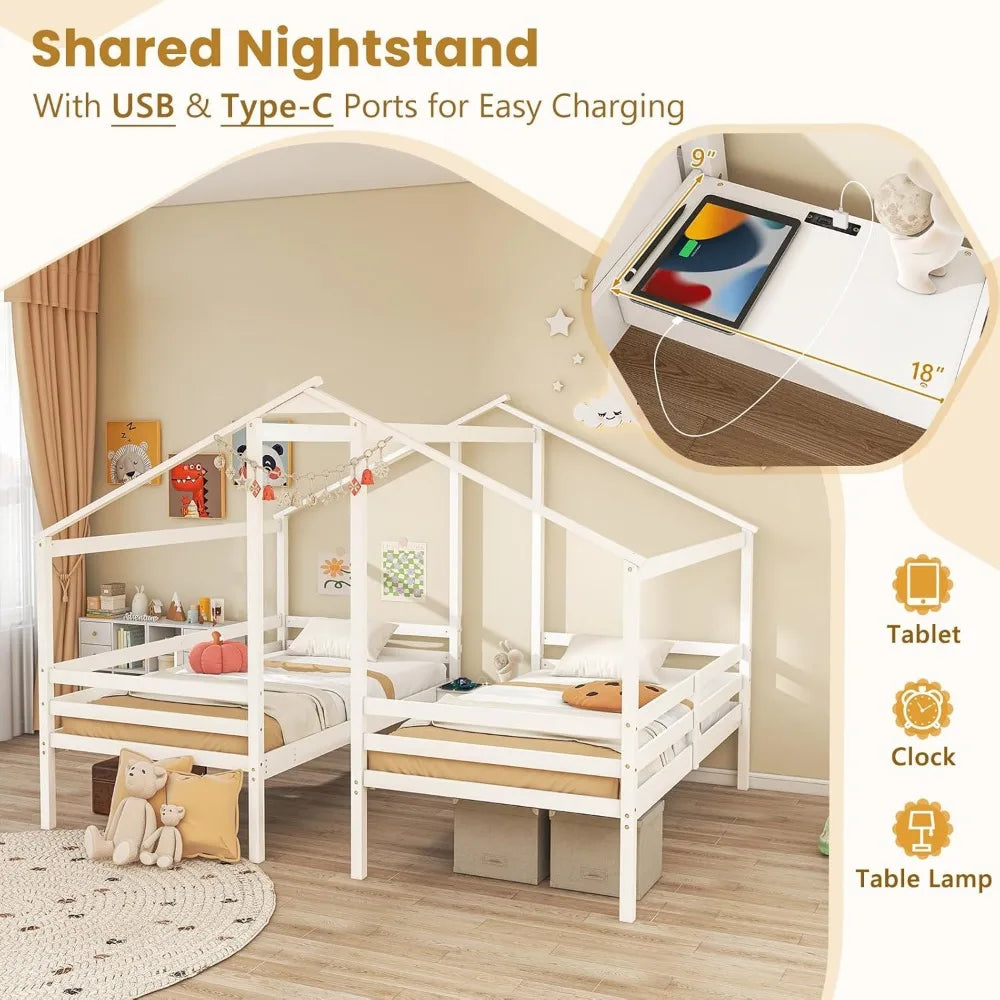 Marcos de cama dobles para niños, plataforma en forma de casa de madera con mesita de noche incorporada y puerto USB, 2 camas compartidas para adolescentes, niños y niñas