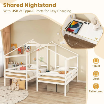 Twin Bed Frames for Kids, Wood House Shaped Platform with Built-in Nightstand & USB Port, 2 Shared Beds for Teens, Boys & Girls