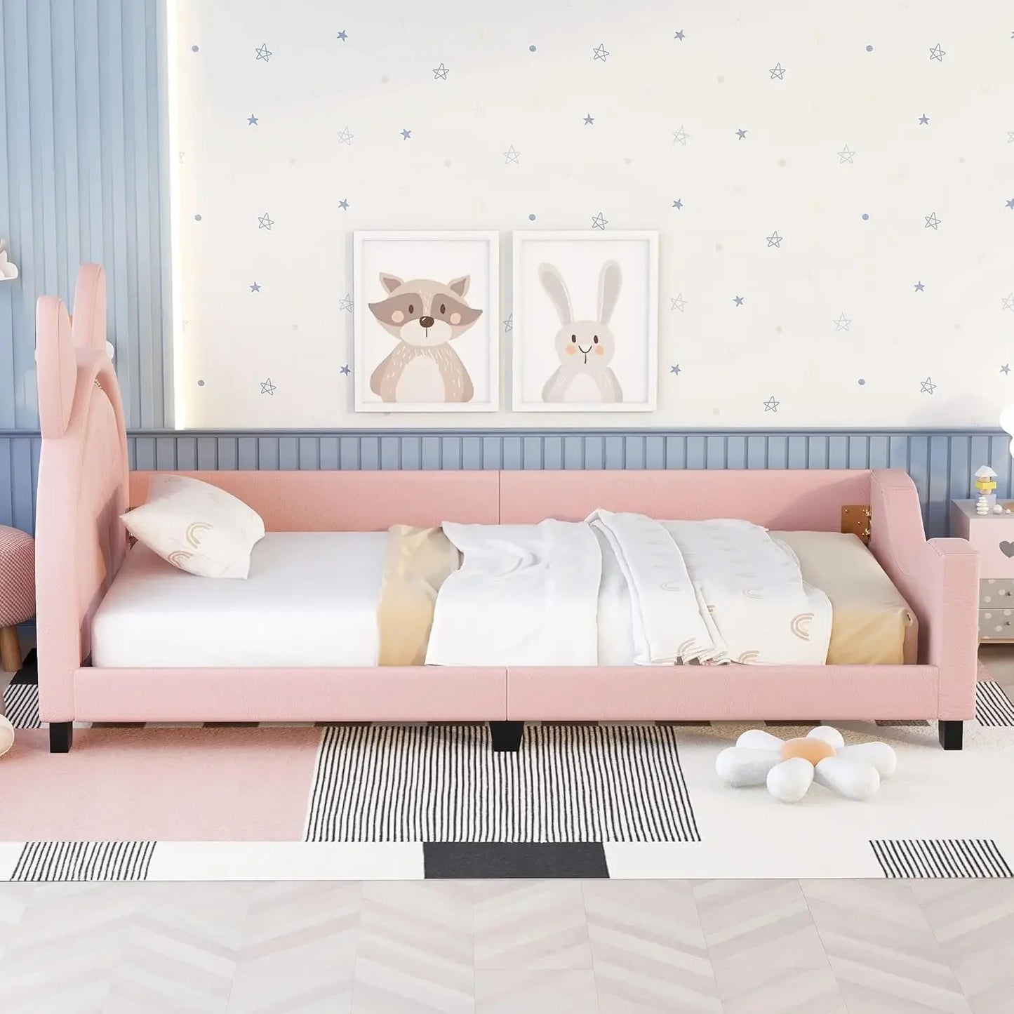 Cama de día tapizada tamaño twin con cabecero de orejas de conejo, estructura de cama con plataforma para niños, dormitorio infantil, no necesita somier