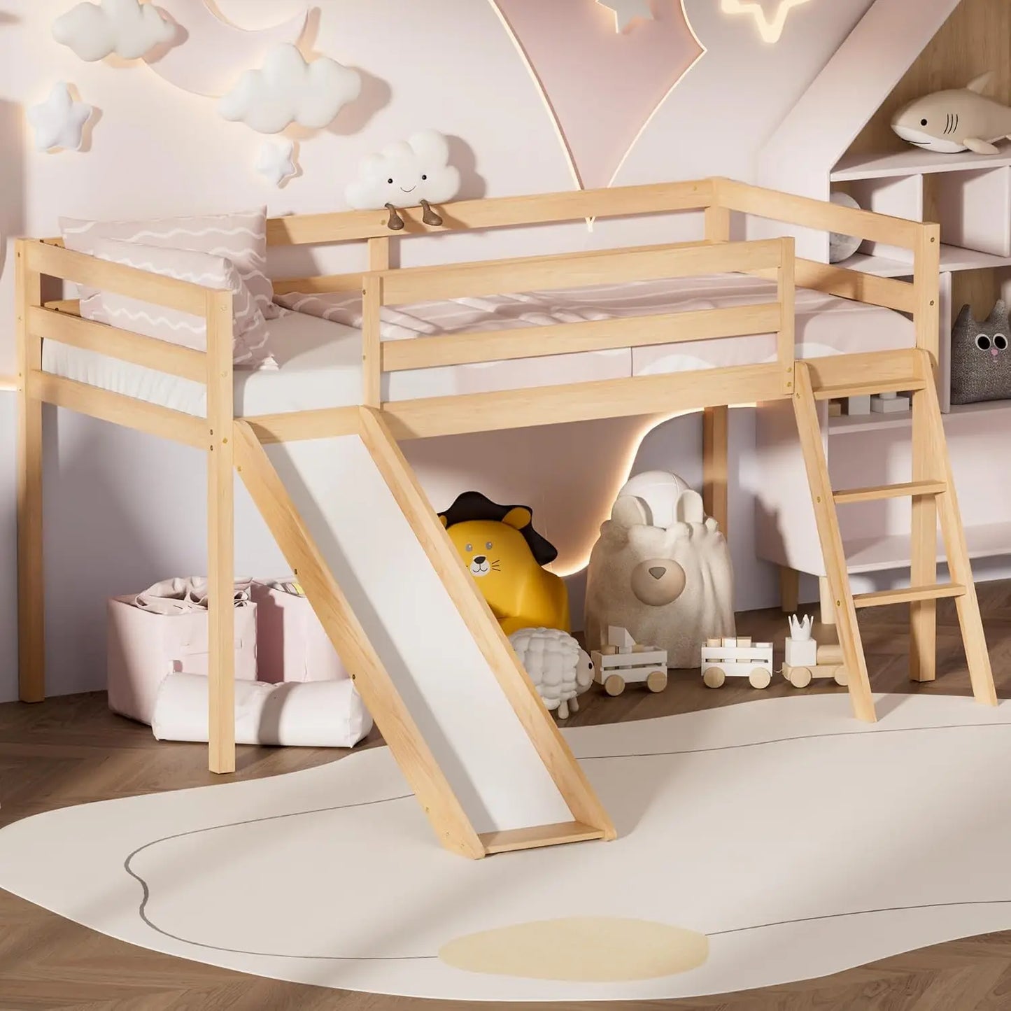 Lit mezzanine bas avec toboggan, cadre de lit mezzanine simple en bois avec échelle d'escalade et espace de rangement pour enfants et tout-petits