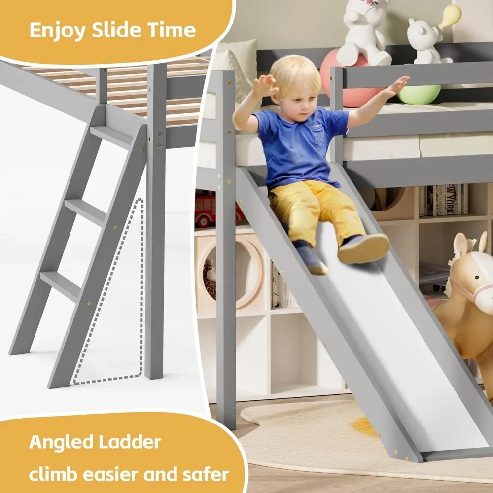 Low Loft Bed with Slide, Wood Twin Loft Bed Frame with Climbing Ladder & Storage Space for Kids Toddler