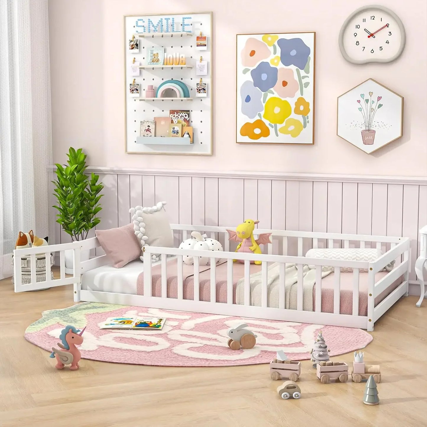 Twin Floor Bed with Door & Fence, Kids Wood Montessori Bed with Safety Guardrails, Floor Bed Frame for Kids, Boys, Girls