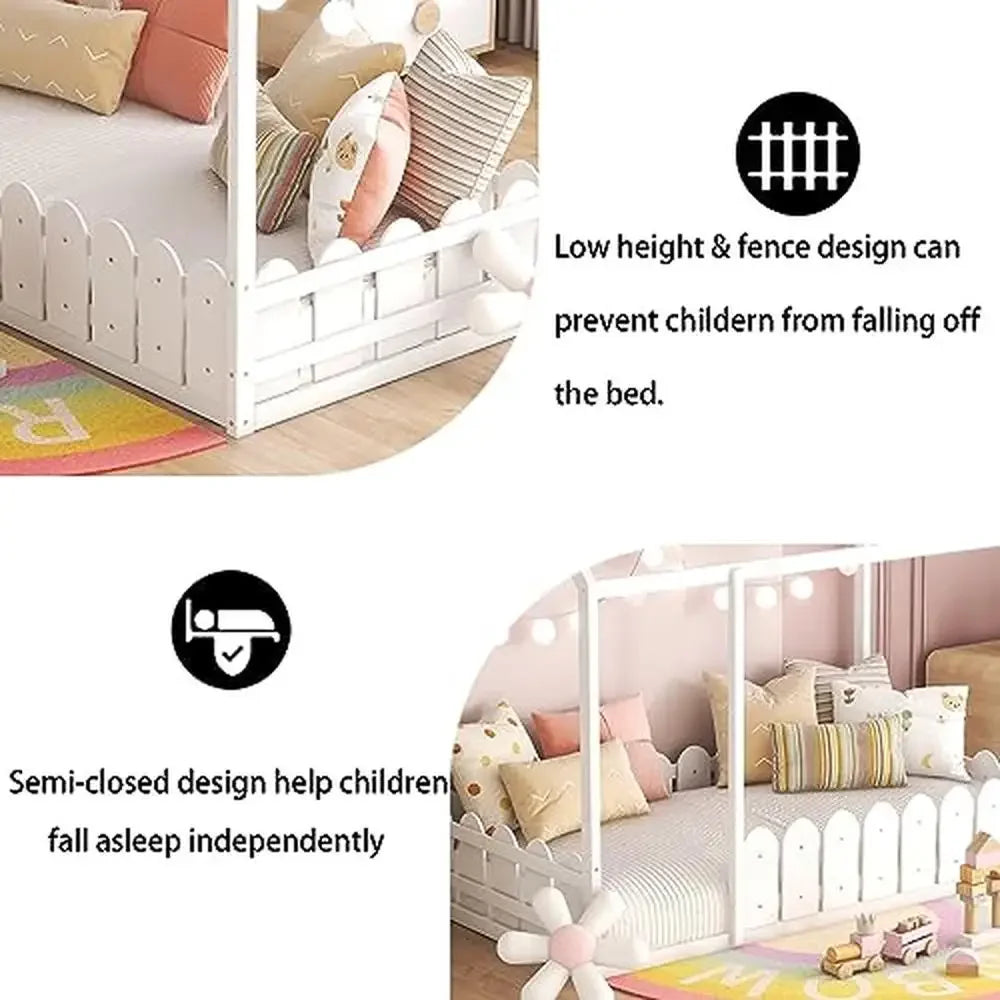 Montessori Twin House Bed Kids with Fence-Shaped Rails White Floor Frame Modern Style Solid Pine Wood 175lbs Twin Size 78.7"L x