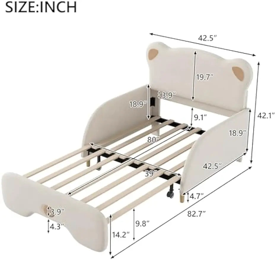 Cadre de lit double XL pour enfants, canapé-lit rembourré extensible voûté avec tête de lit et pied de lit en forme d'ours pour garçons et filles