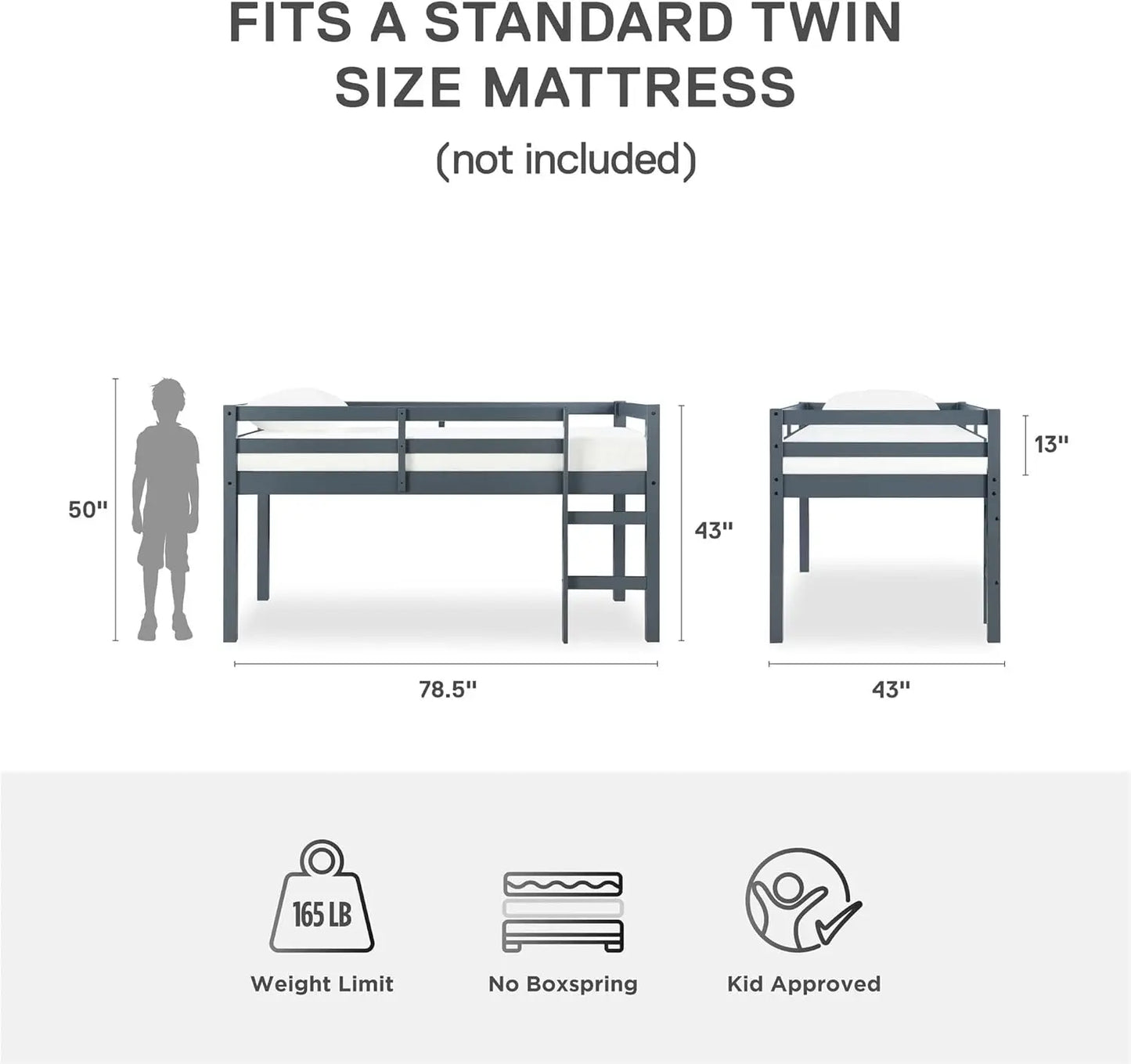 Milton Junior Twin Loft Bed, Grey