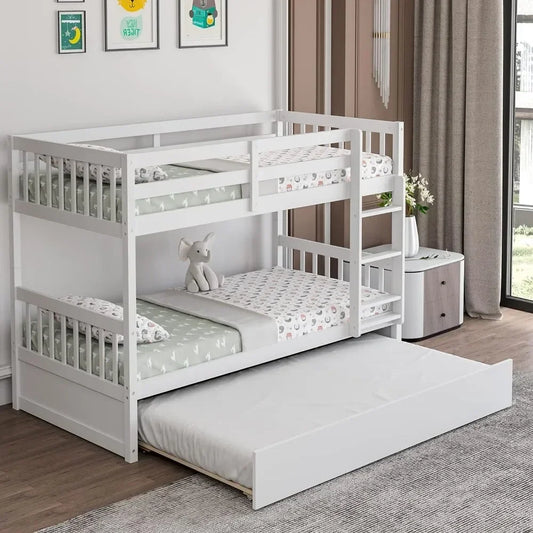 Twin Over Twin Bunk Bed with Trundle, Convertible Platform Bed Frame with Ladder & Solid Wood Frame, No Box Spring Needed, White