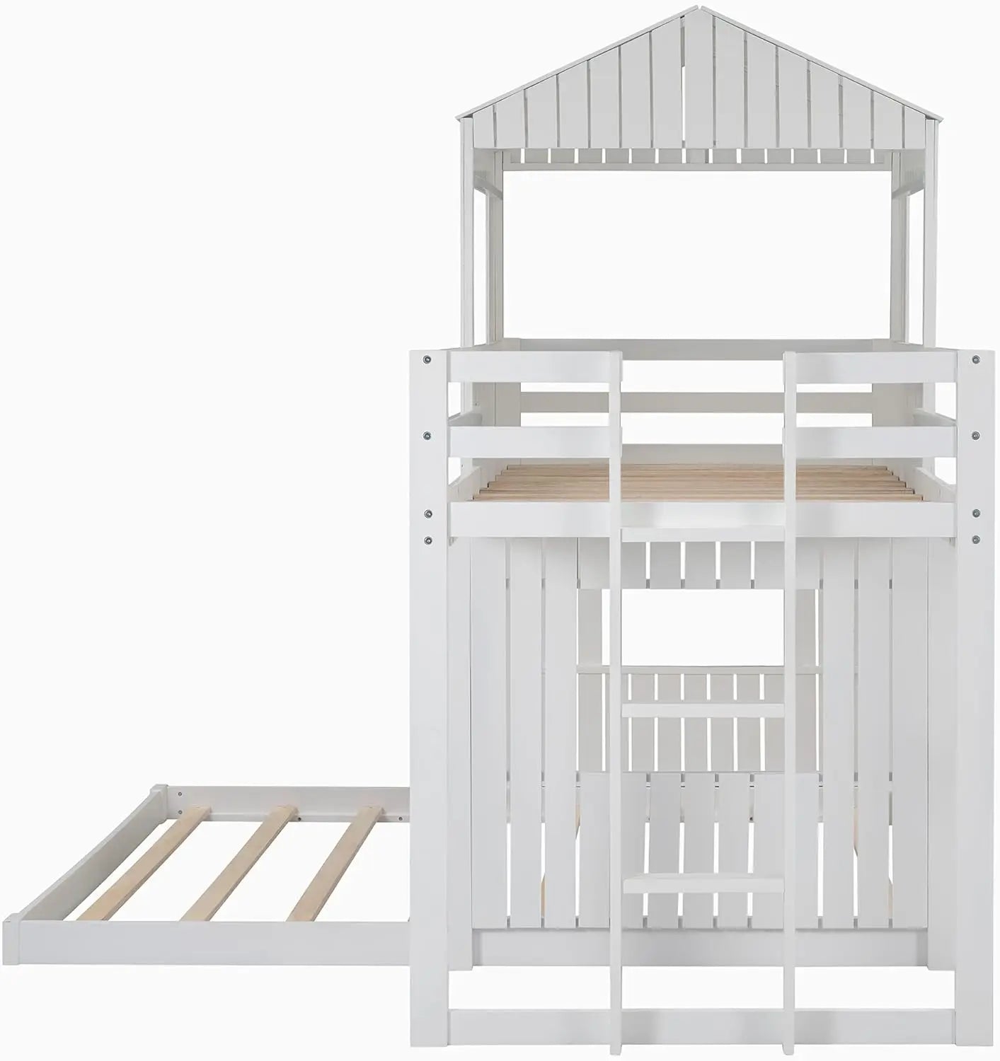 &amp; Bright Designs House Lits superposés, Lit simple sur lit double superposé, Maison de jeu en bois, Lit superposé bas, Cadre de lit pour enfants, tout-petits, filles/garçons, Whi