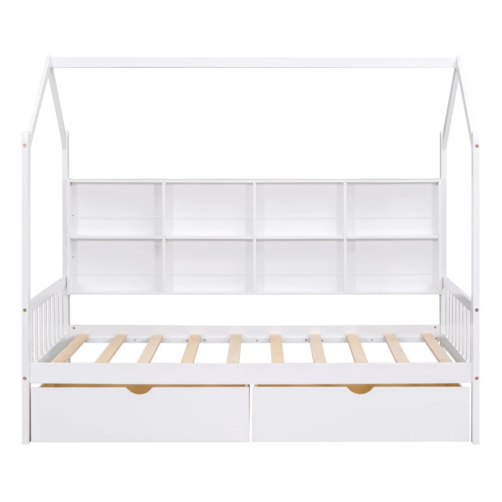 Lit double en bois avec 2 tiroirs, lit pour enfants avec étagère de rangement, un meilleur environnement de sommeil et un gain de place