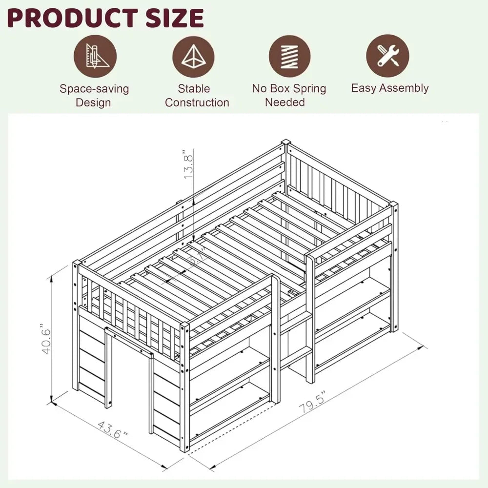 Twin Size Low Loft Bed with Storage Shelves,with LED Light and Shelves, Strong Wood Slats Support Wood Kids Twin Loft Bed