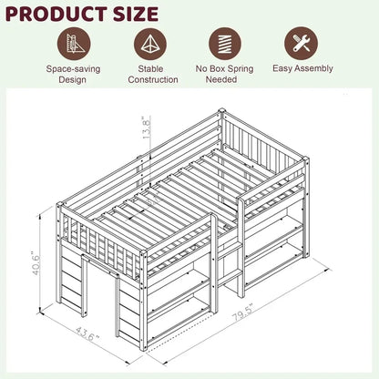 Lit mezzanine bas double avec étagères de rangement, avec éclairage LED et étagères, support à lattes en bois solide Lit mezzanine double en bois pour enfants