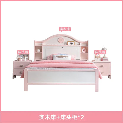 Bonita cama doble moderna para niñas con cajones de almacenamiento, cama alta estilo villa, cama de princesa de madera maciza, muebles de dormitorio matrimonial