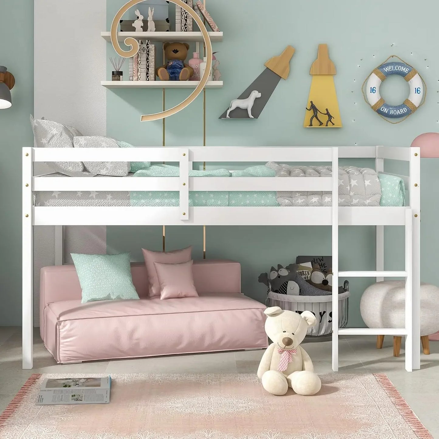 Loft Bed for Kids with Ladders and Guard Rails,Solid Wood and Sturdy Low Loft Bed Frame for Boys Girls and Junior,No Box Spring