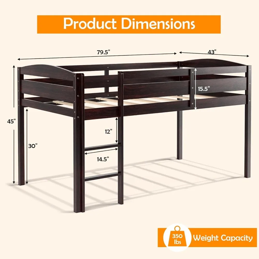 Twin Loft Bed, Solid Wood Low Loft Bed for Kids with Ladder & Guard Rails, No Box Spring Needed, Space-Saving Loft Bed