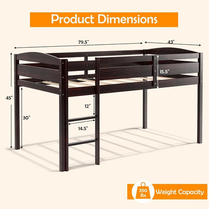 Lit mezzanine double, lit mezzanine bas en bois massif pour enfants avec échelle et barrières de sécurité, pas besoin de sommier, lit mezzanine peu encombrant