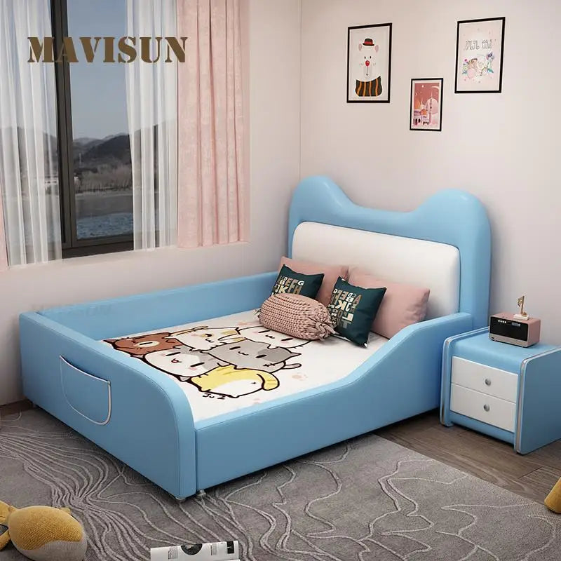 Cama infantil de princesa en color rosa con dibujo de gato para niña, cama individual creativa de cuero de 1,2 a 1,5 metros, cama infantil funcional con barandilla