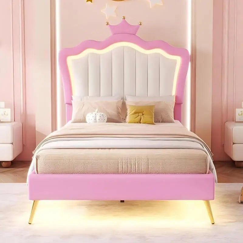 Cama de princesa de tamaño doble con cajones de almacenamiento para niñas, lindo marco de cama de tamaño doble para niños, marco de cama tapizado doble con LE