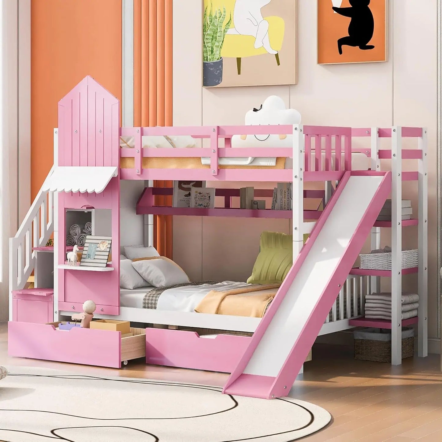 Litera doble con escalera y tobogán, estructura de madera maciza con cajones de almacenamiento y estantería, litera para niños