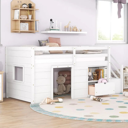 Cama loft baja de tamaño doble, cama loft con espacio de almacenamiento, cama loft doble moderna de estilo rústico para niños, con casa de juegos y cajones, estantería