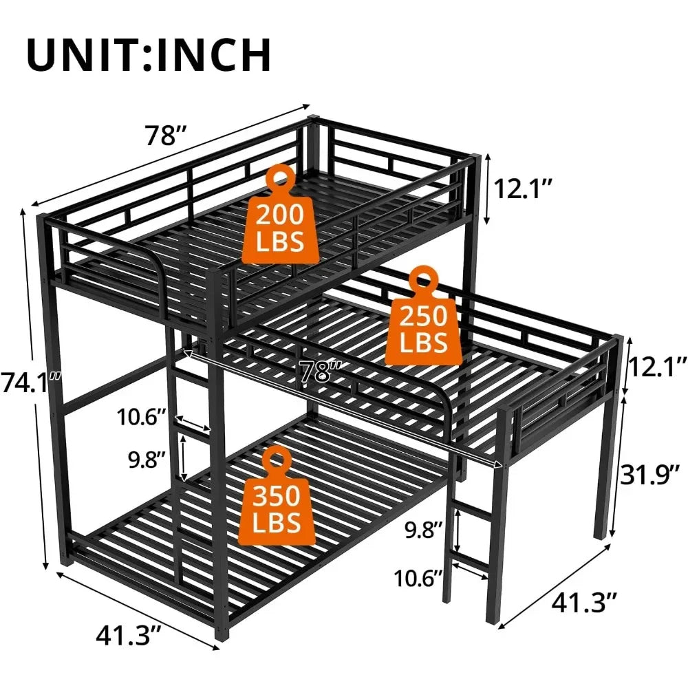 Literas triples, litera de metal en forma de L para 3 niños y adultos con 2 escaleras cortas incorporadas y barandillas de longitud completa