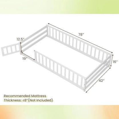 Twin Floor Bed with Door & Fence, Kids Wood Montessori Bed with Safety Guardrails, Floor Bed Frame for Kids, Boys, Girls, No Box