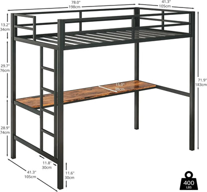 Cama alta tamaño twin con escritorio, estructura de cama alta de metal con toma de corriente e iluminación LED, ahorra espacio, no produce ruido, color negro