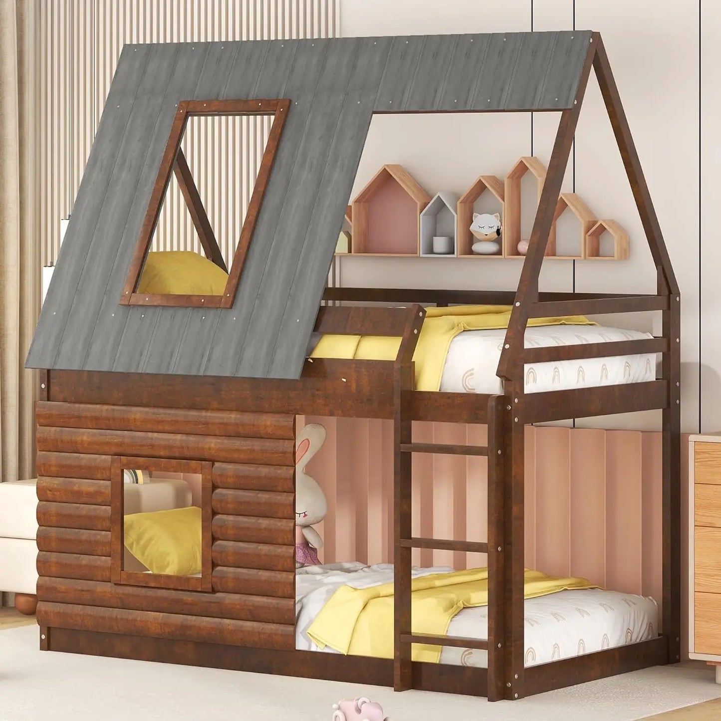 Lit superposé double en bois en forme de maison avec échelle de toit et 2 fenêtres pour enfants, adolescents, filles et garçons, chêne et gris fumé