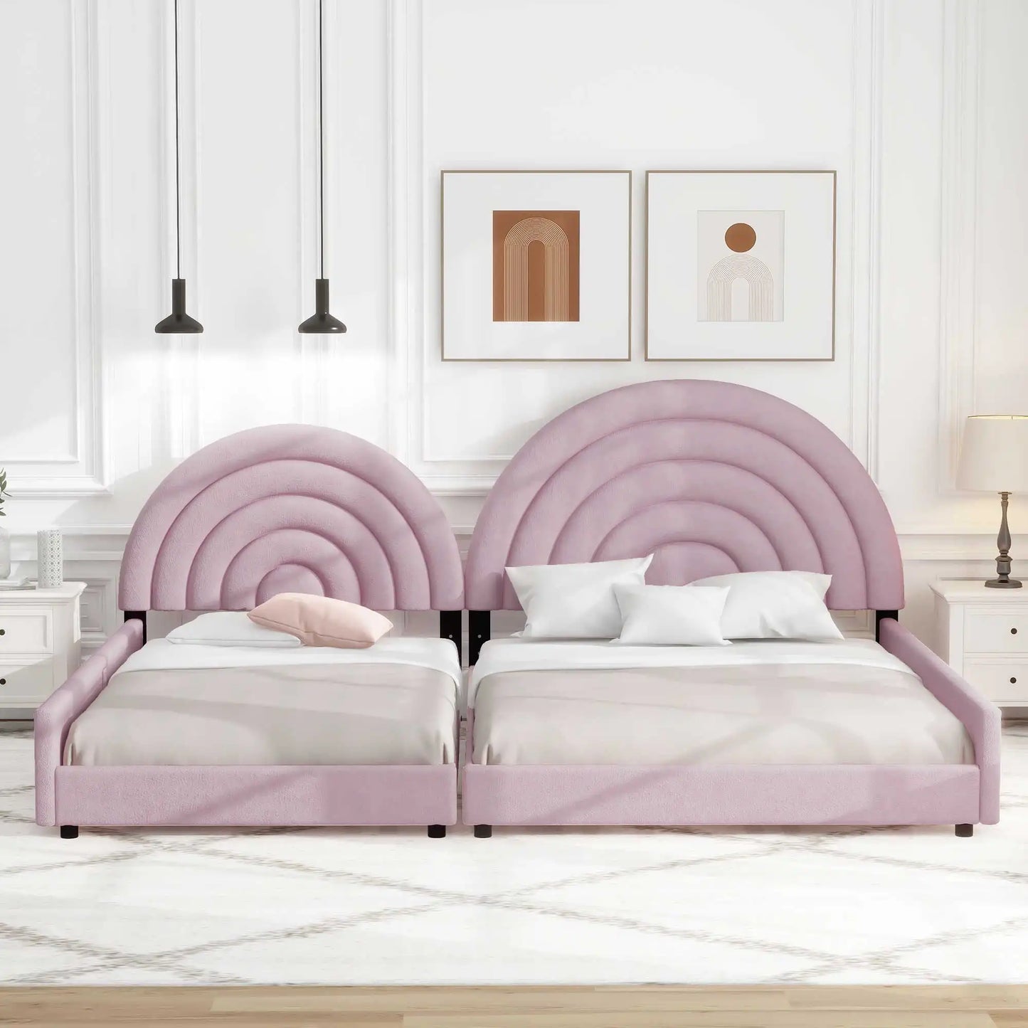 Lit plateforme rembourré double et pleine grandeur Deux lits de repos séparés pour enfants, adolescents et adultes Rose Style moderne et confort traditionnel