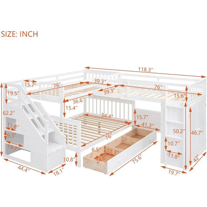 Lits superposés triples en forme de L avec escaliers et bureauLit superposé simple sur lit double avec armoire de rangement, étagères et tiroirs, lit superposé en bois 3 lits