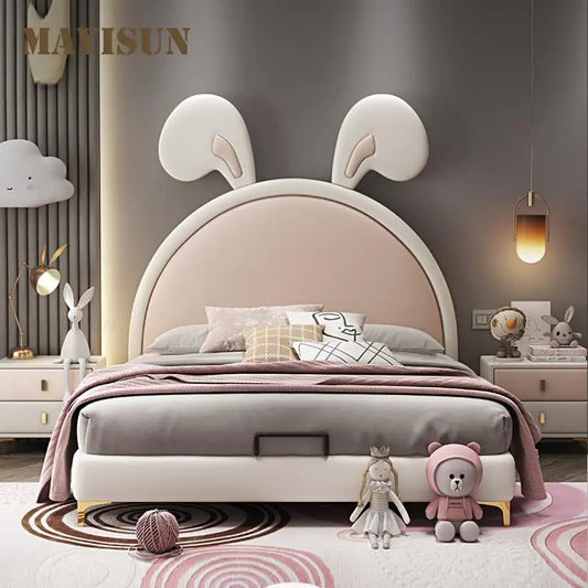 Cama de princesa con orejas de conejo, con rebote alto, con bolsa de esponja, estable, de 10 cm de alto, con patas de metal y cuero rosa para niñas