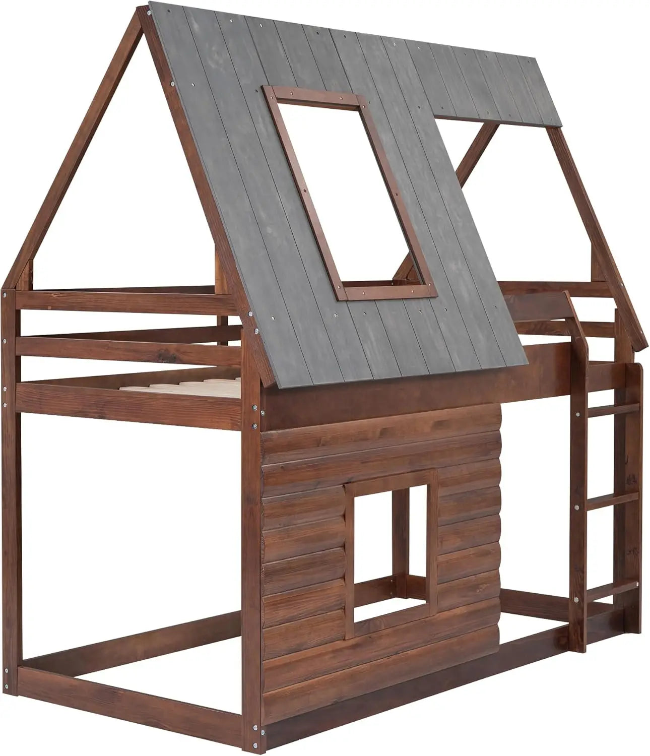 Twin Over Twin Bunk Bed Wood Frame House Shaped with Roof Ladder and 2 Windows for Kids Teens Girls Boys Oak & Smoky Grey