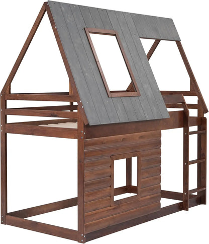 Lit superposé double en bois en forme de maison avec échelle de toit et 2 fenêtres pour enfants, adolescents, filles et garçons, chêne et gris fumé