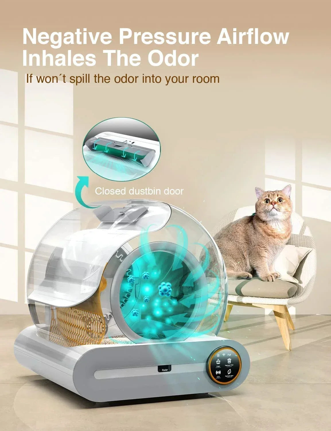 Tonepie 65L Bac à litière automatique intelligent pour chat Bac à litière pour chat entièrement fermé et autonettoyant Bac à litière pour animaux de compagnie Versions anglaises