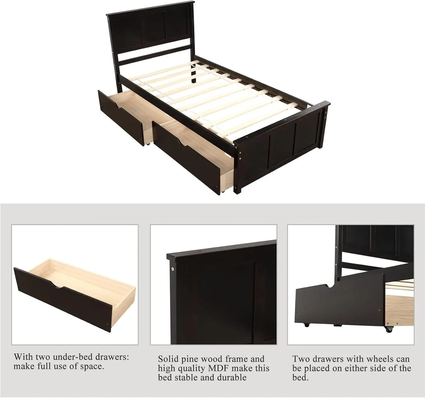 Cama individual con cajones, estructura de cama de plataforma de madera con cabecero y pie de cama, cama tipo capitán de madera para niños, niñas, niños y adolescentes